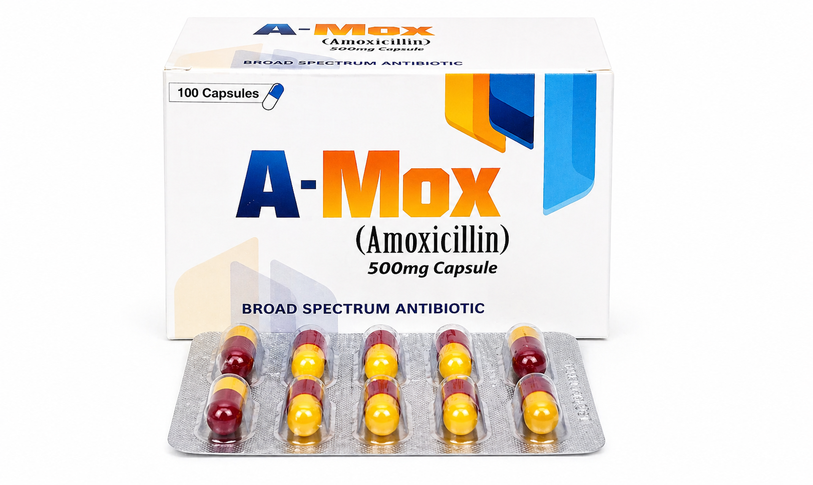 A-Mox amoxicillin 500mg capsules by Amros Pharmaceuticals Pakistan export antibiotic