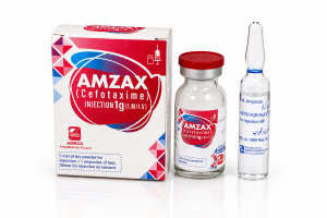 Amzax cefotaxime 1g injection vial with solvent ampoule by Amros Pharmaceuticals Pakistan export