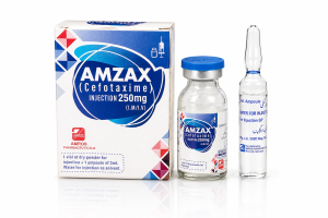 Amzax cefotaxime 250mg injection vial with solvent ampoule by Amros Pharmaceuticals Pakistan export