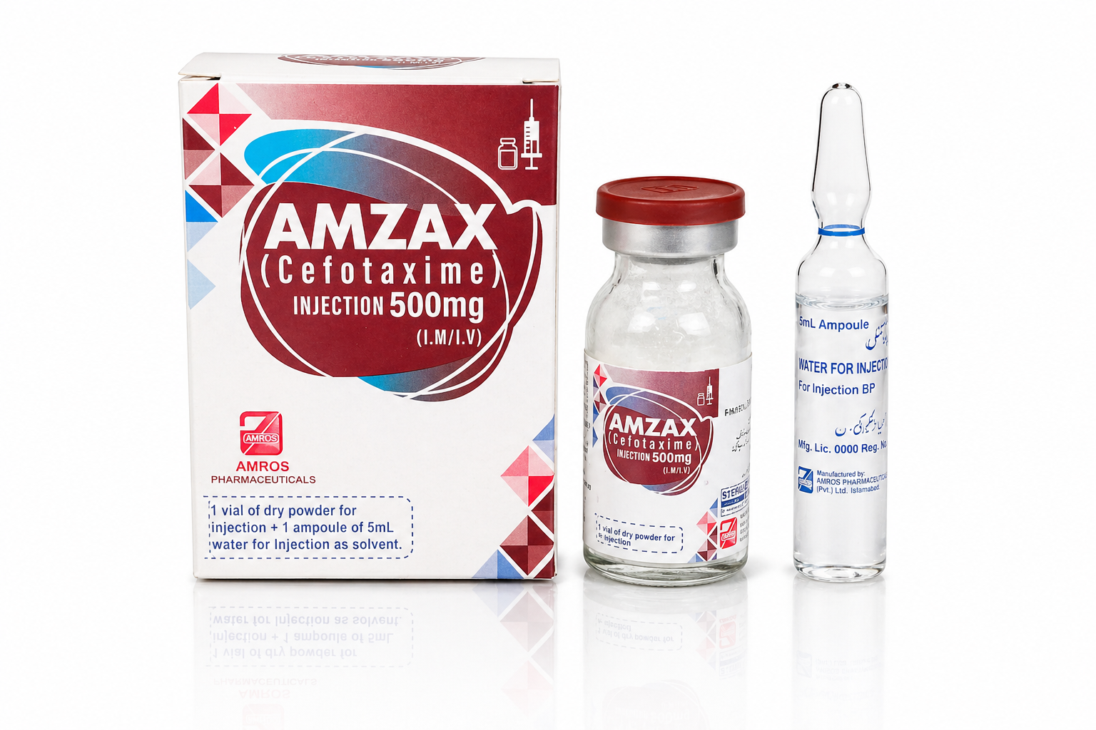 Amzax cefotaxime 500mg injection vial with ampoule by Amros Pharmaceuticals Pakistan export