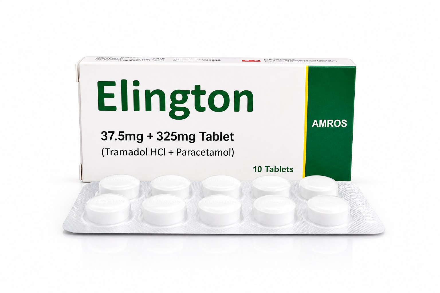 Elington tablets tramadol hydrochloride 37.5mg and paracetamol 325mg blister pack and box