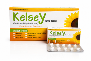 Kelsey cetirizine dihydrochloride 10mg tablets by Amros Pharmaceuticals antihistamine allergy medicine