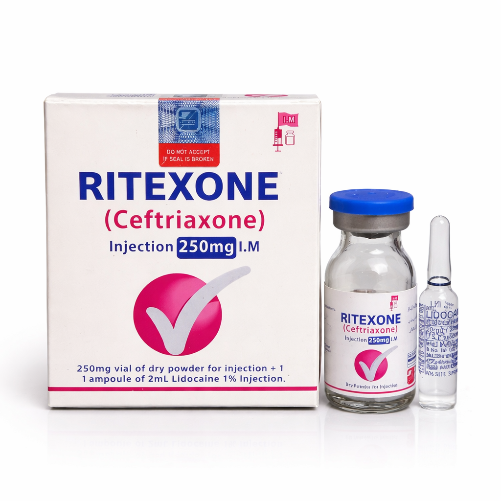 Ritexone 250mg injection (Ceftriaxone) by Amros Pharmaceuticals for antibacterial treatment use