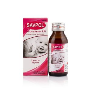 Savpol Paracetamol pediatric oral suspension 60ml bottle and box for children pain relief fever