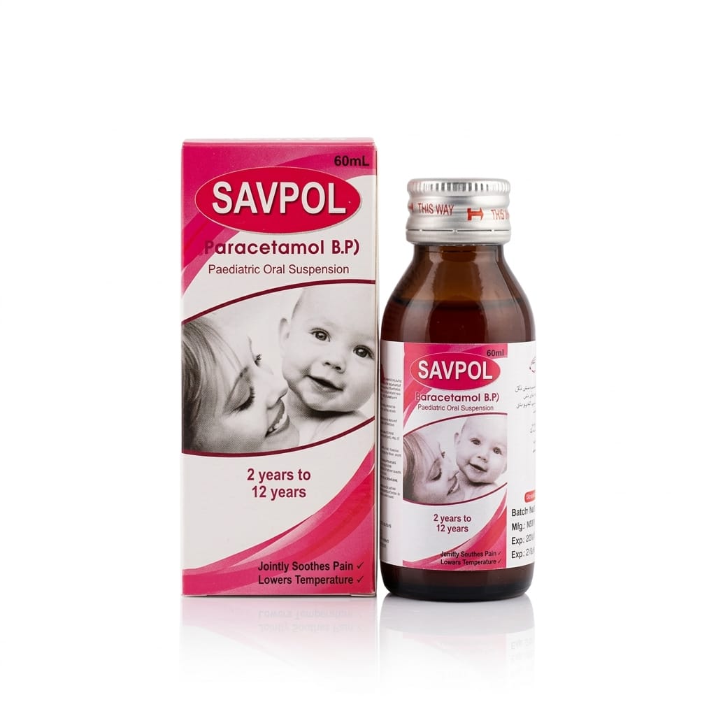 Savpol Paracetamol pediatric oral suspension 60ml bottle and box for children pain relief fever