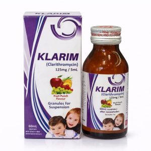 Klarim Clarithromycin 125mg 5mL pediatric suspension bottle and box fruit punch flavour antibiotic