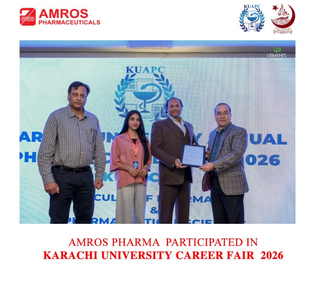 Representatives of Amros Pharmaceuticals participating in the Karachi University Career Fair 2026, receiving a recognition certificate on stage at KUAPC. The event highlights collaboration between academia and the pharmaceutical industry to support future healthcare professionals.