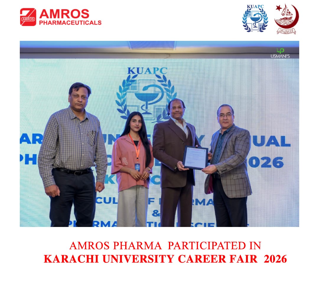 Representatives of Amros Pharmaceuticals participating in the Karachi University Career Fair 2026, receiving a recognition certificate on stage at KUAPC. The event highlights collaboration between academia and the pharmaceutical industry to support future healthcare professionals.