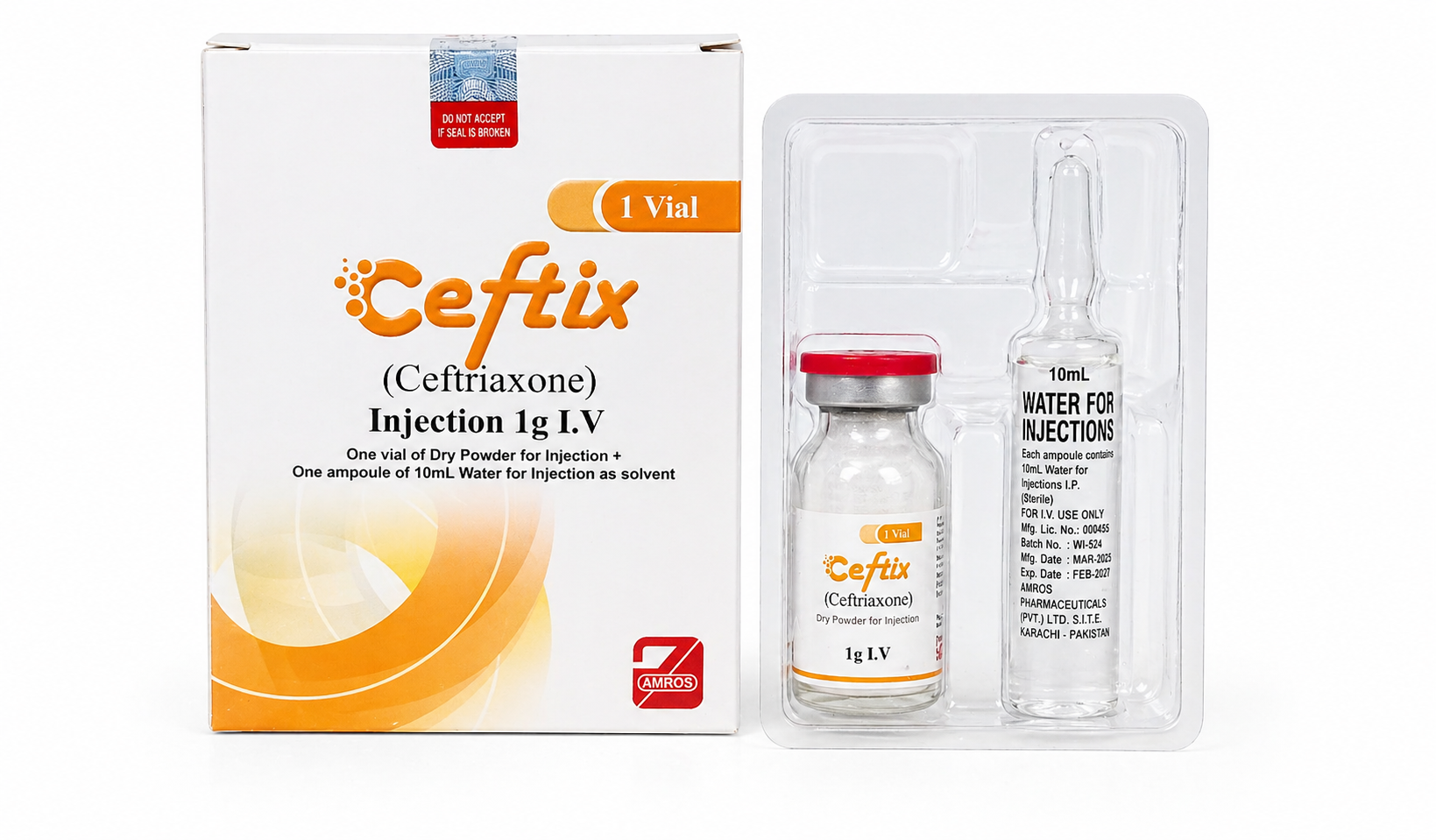 Ceftix Ceftriaxone 1g IV injection vial with water for injection by Amros Pharmaceuticals Pakistan