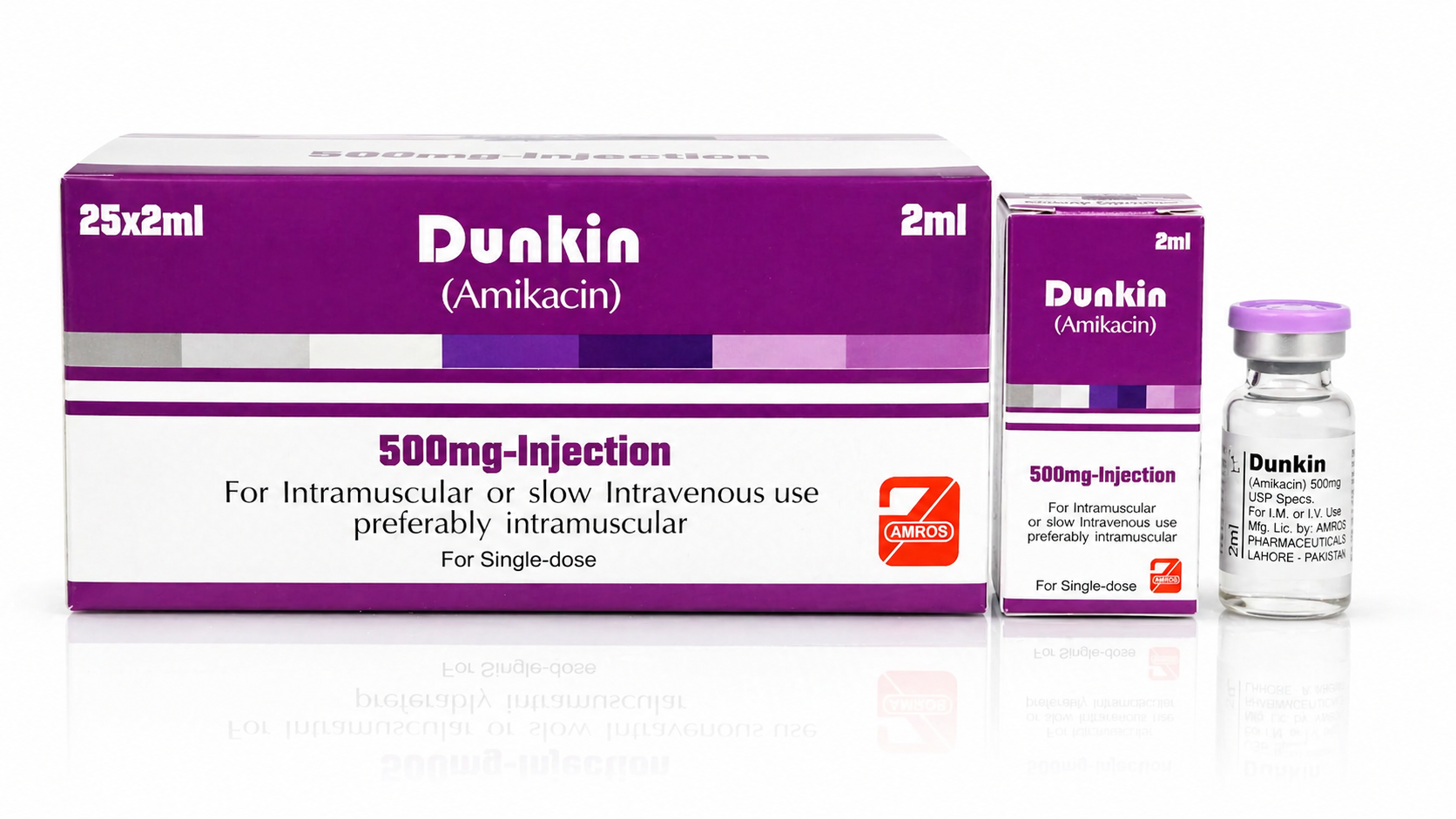 Dunkin Amikacin 500mg injection 2ml vial by Amros Pharmaceuticals Pakistan antibiotic injection