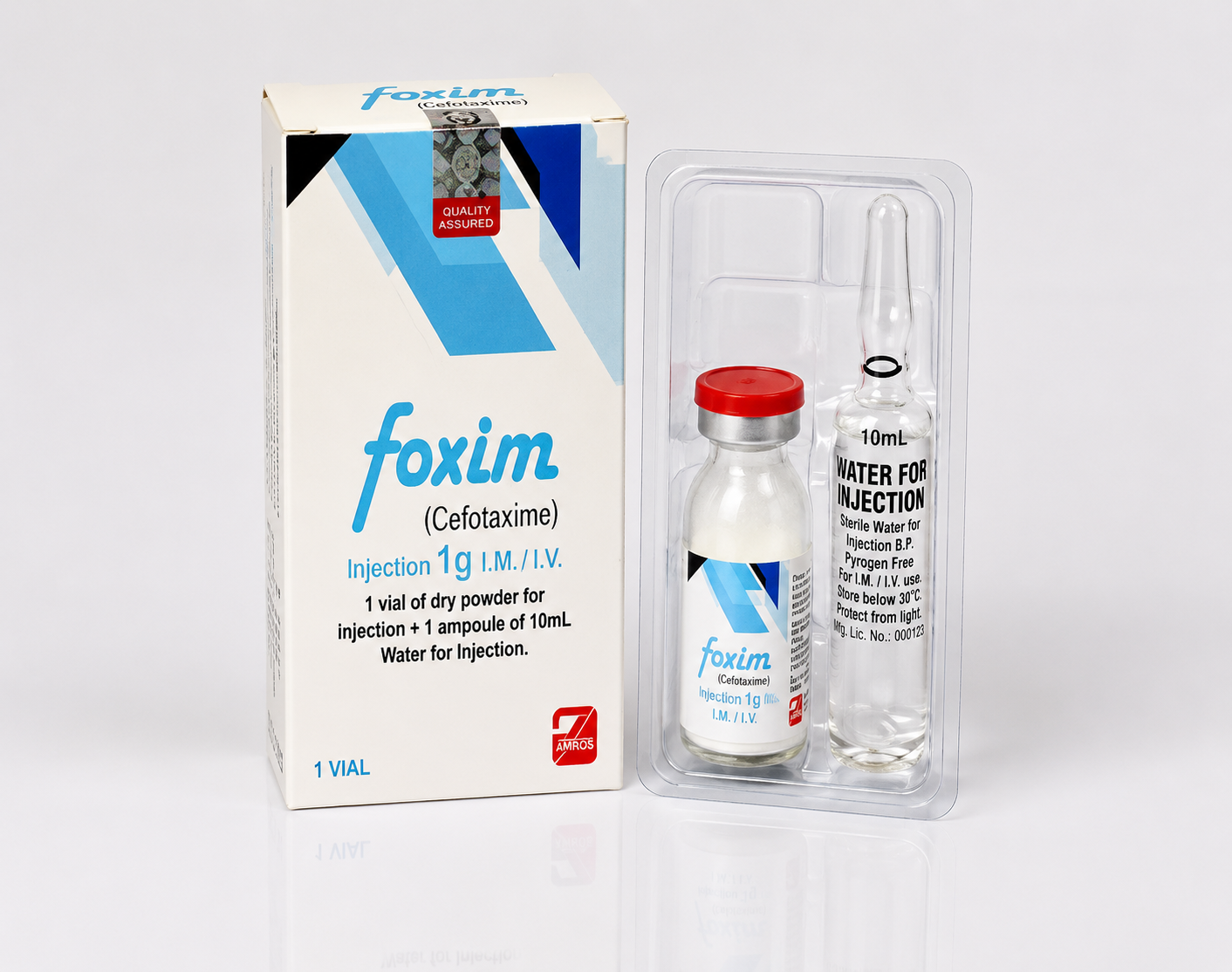 Foxim 1g Ceftriaxone dry powder injection vial by Amros Pharmaceuticals Pakistan
