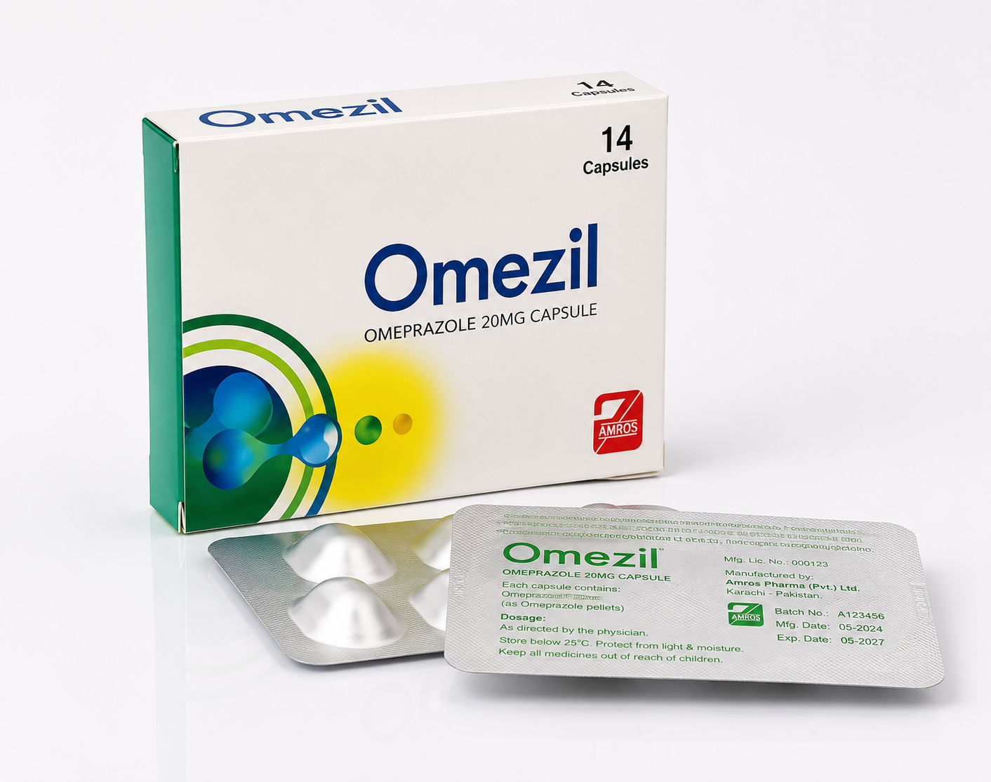 Omezil Omeprazole 20mg capsules by Amros Pharmaceuticals Pakistan acid reflux treatment