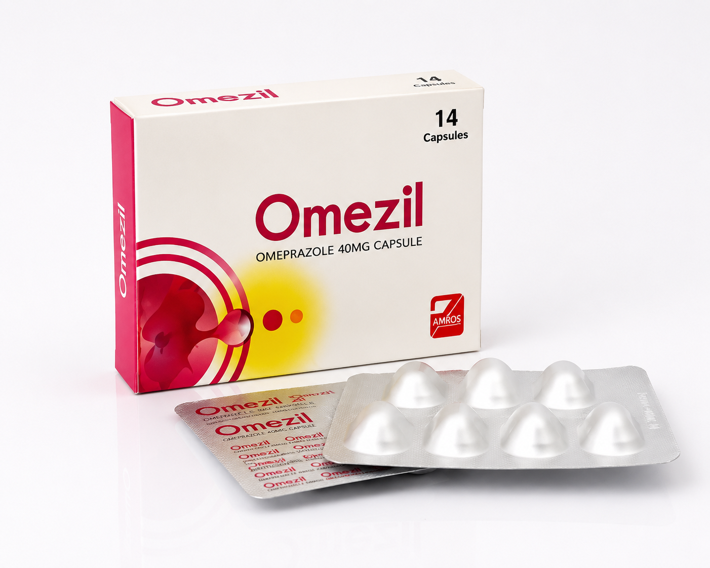 Omezil Omeprazole 40mg capsules by Amros Pharmaceuticals Pakistan acid reflux and GERD treatment